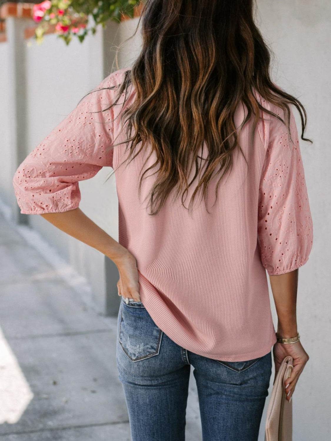 Eyelet Tie Neck Three-Quarter Sleeve Blouse - UnLaced Boutique
