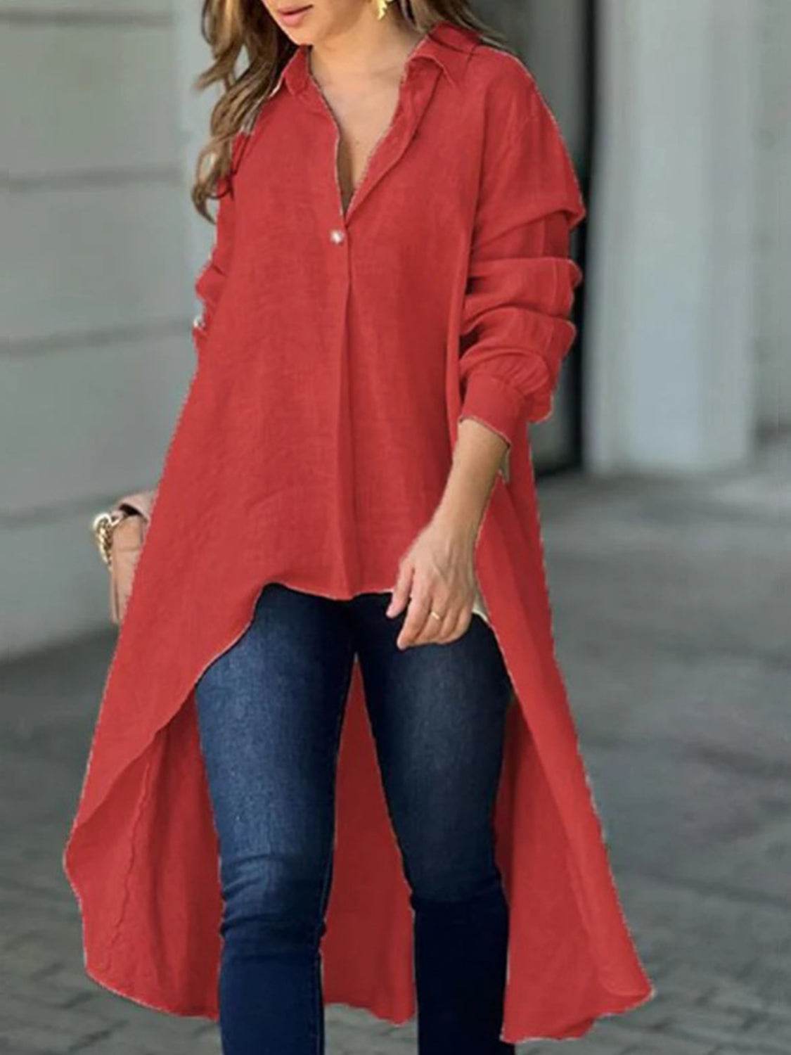 Full Size High-Low Collared Neck Long Sleeve Shirt - UnLaced Boutique