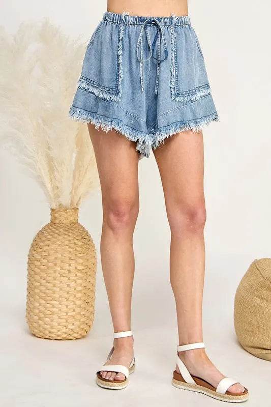 SAGE+FIG Frayed Drawstring Denim Shorts - UnLaced Boutique