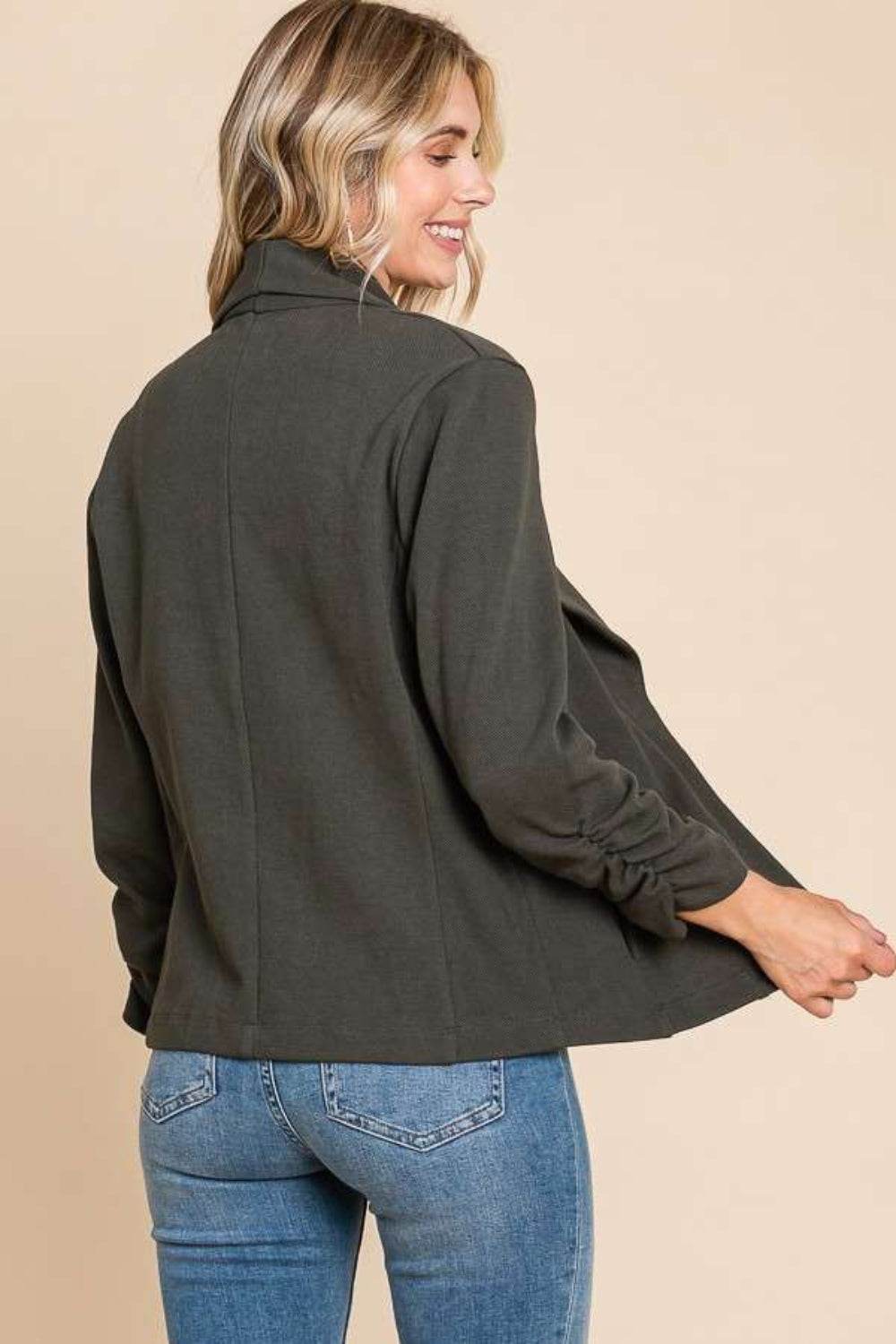 Culture Code Full Size Ruched Open Front Long Sleeve Jacket - UnLaced Boutique