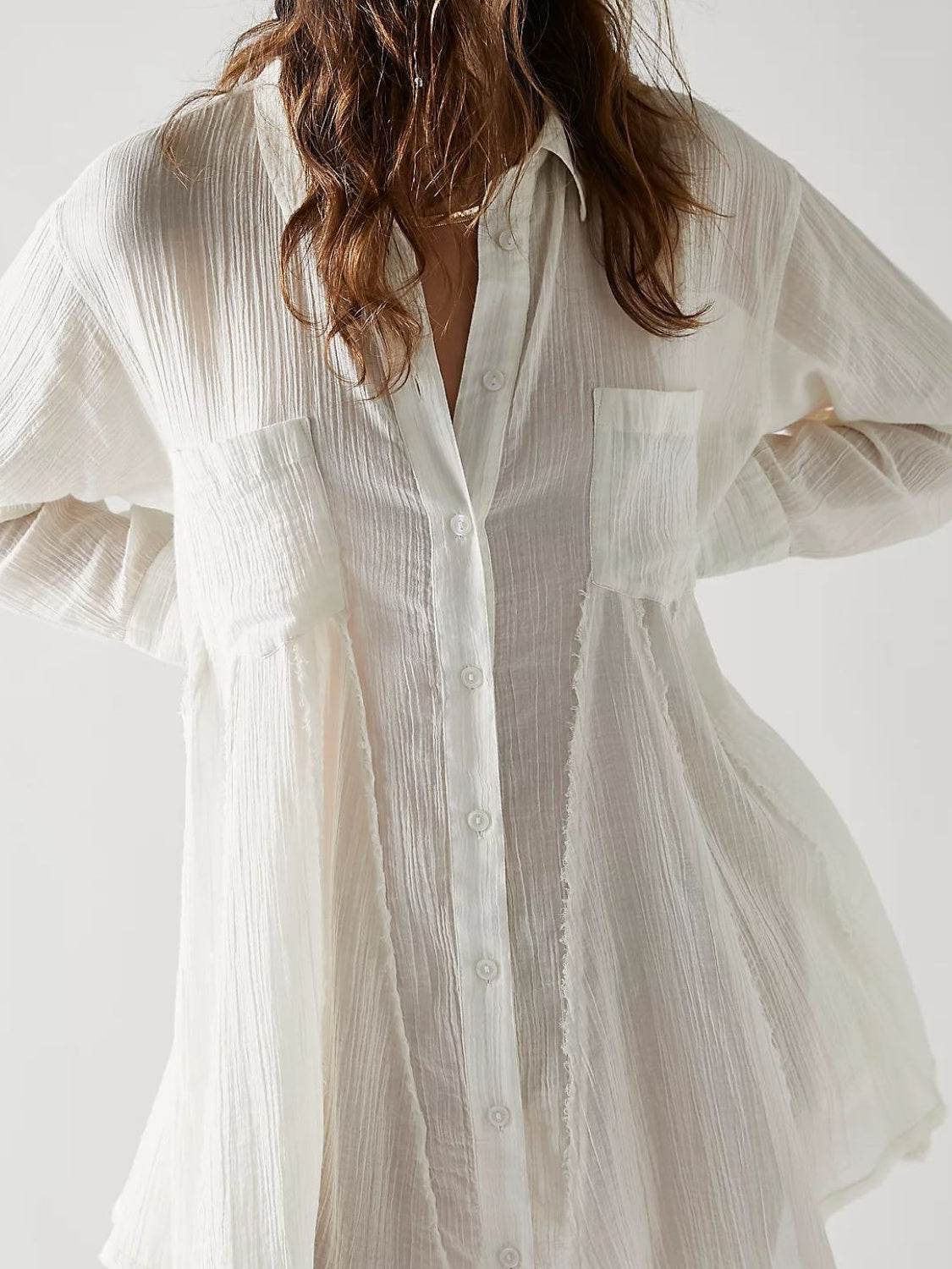 Button Up Collared Neck Long Sleeve Longline Shirt - UnLaced Boutique