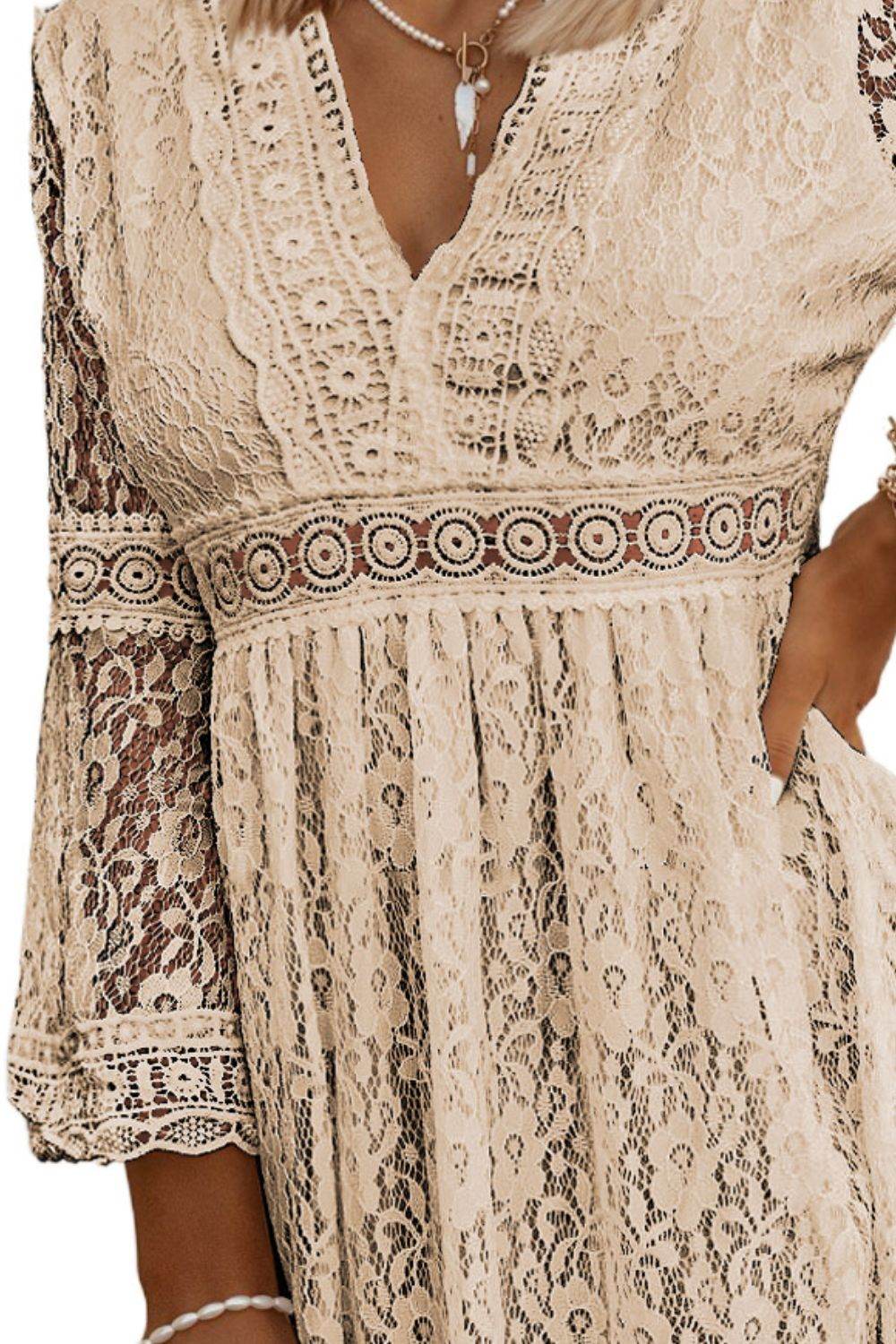 Lace V-Neck Three-Quarter Sleeve Dress - UnLaced Boutique