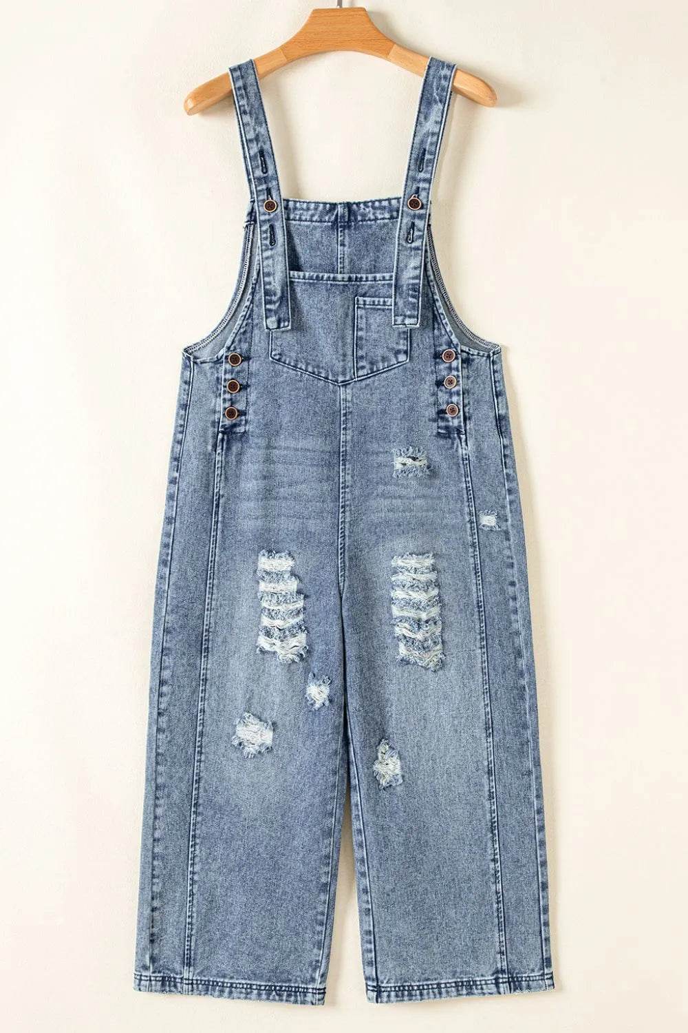Distressed Bib Pocket Wide Leg Denim Overalls - UnLaced Boutique