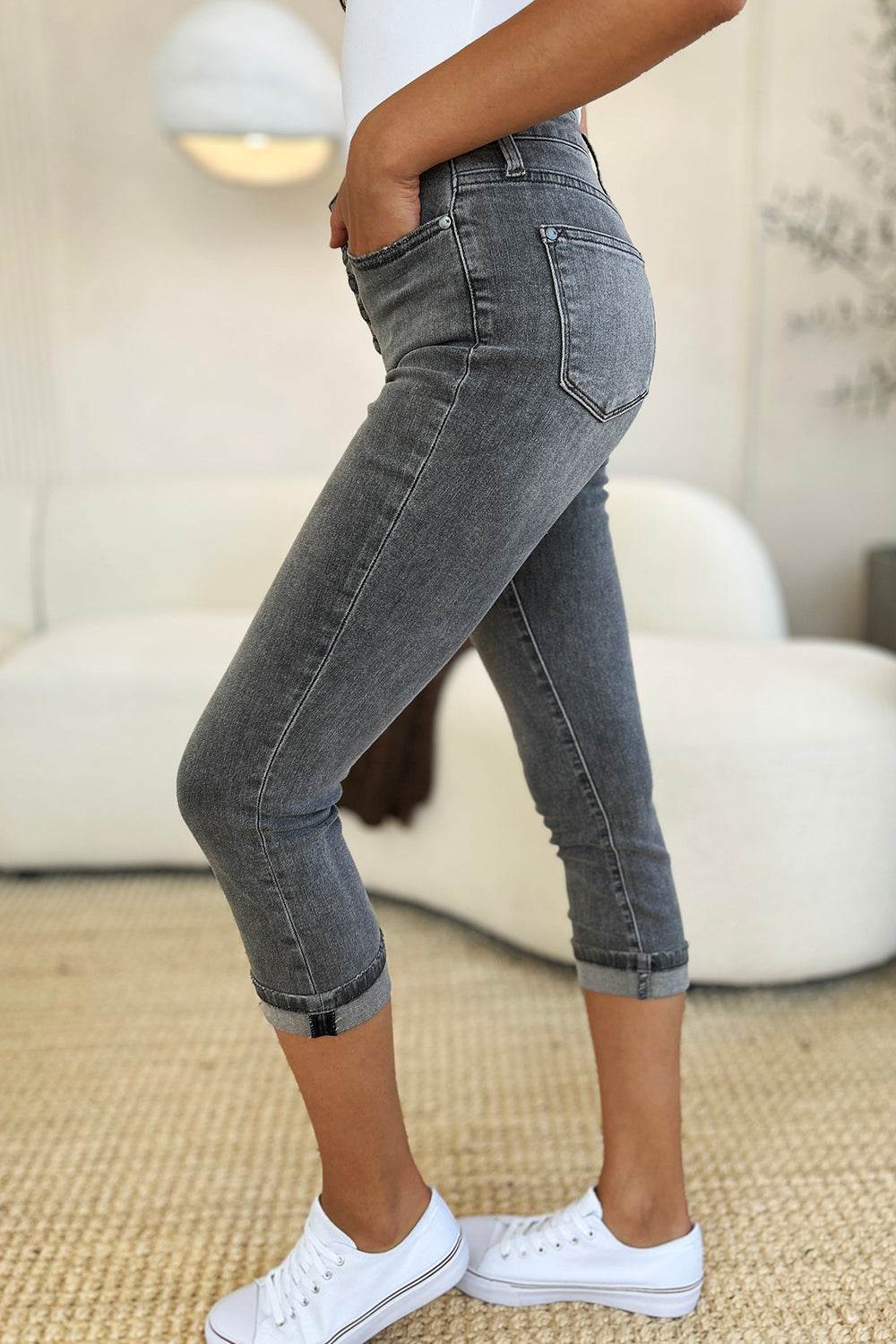 Judy Blue Full Size Button Fly High Waist Cuffed Capris - UnLaced Boutique