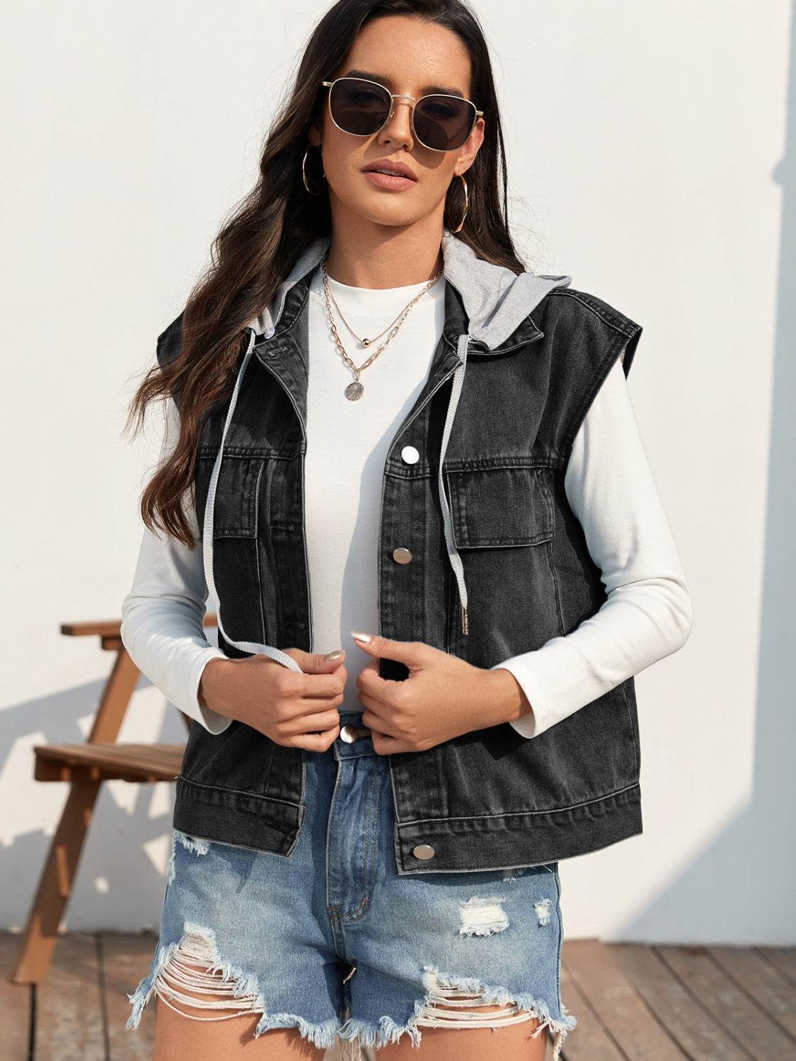Drawstring Button Up Sleeveless Denim Jacket - UnLaced Boutique