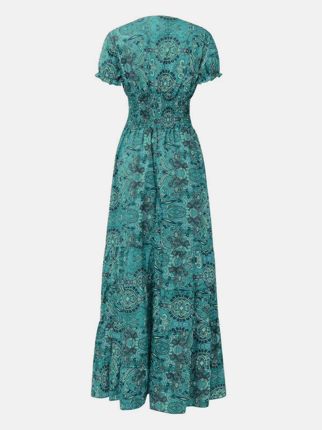 Full Size Smocked Printed V-Neck Short Sleeve Dress - UnLaced Boutique