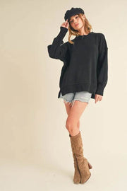 Aemi+Co Ribbed Hem Side Slit Round Neck Sweater - UnLaced Boutique