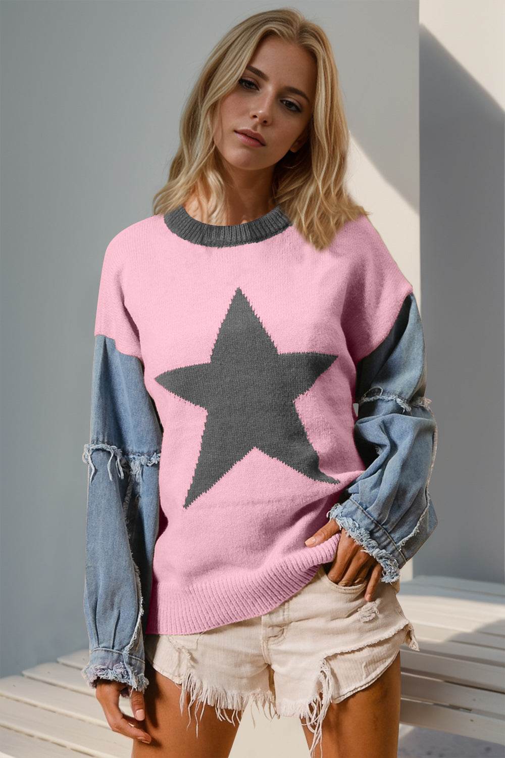 Double Take Full Size Star Pattern Raw Edge Long Sleeve Sweater - UnLaced Boutique