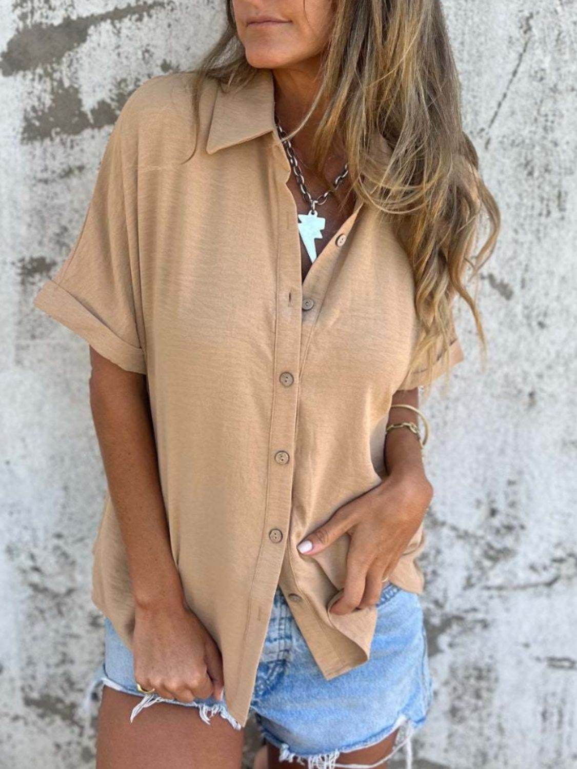Full Size Button Down Short Sleeve Shirt Plus Size - UnLaced Boutique