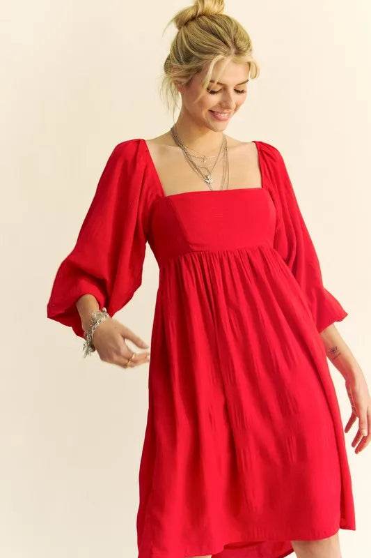 Davi & Dani Solid Textured Fabric Puff Sleeve Tie Back Dress - UnLaced Boutique