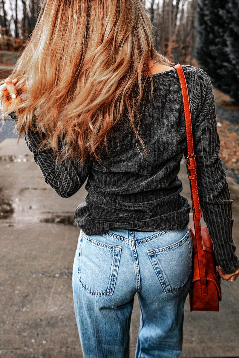Ribbed Buttoned V-Neck Long Sleeve Top - UnLaced Boutique
