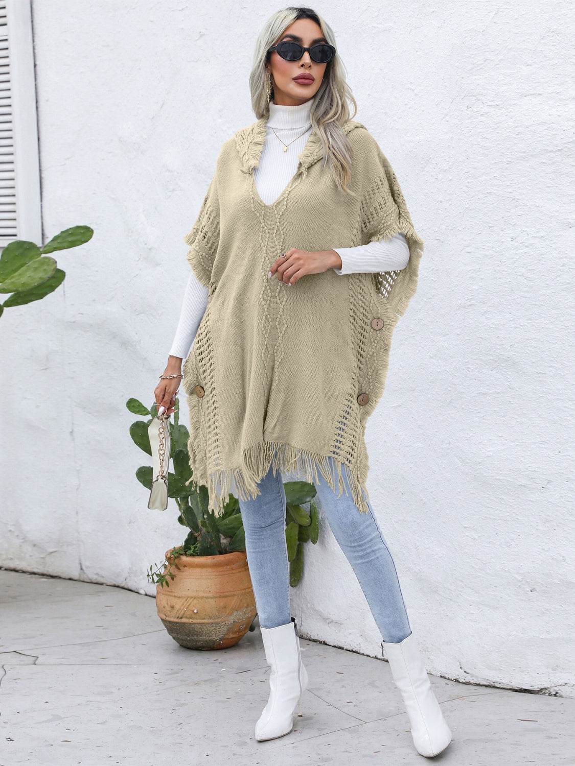 Fringe Trim Buttoned Hooded Poncho - UnLaced Boutique