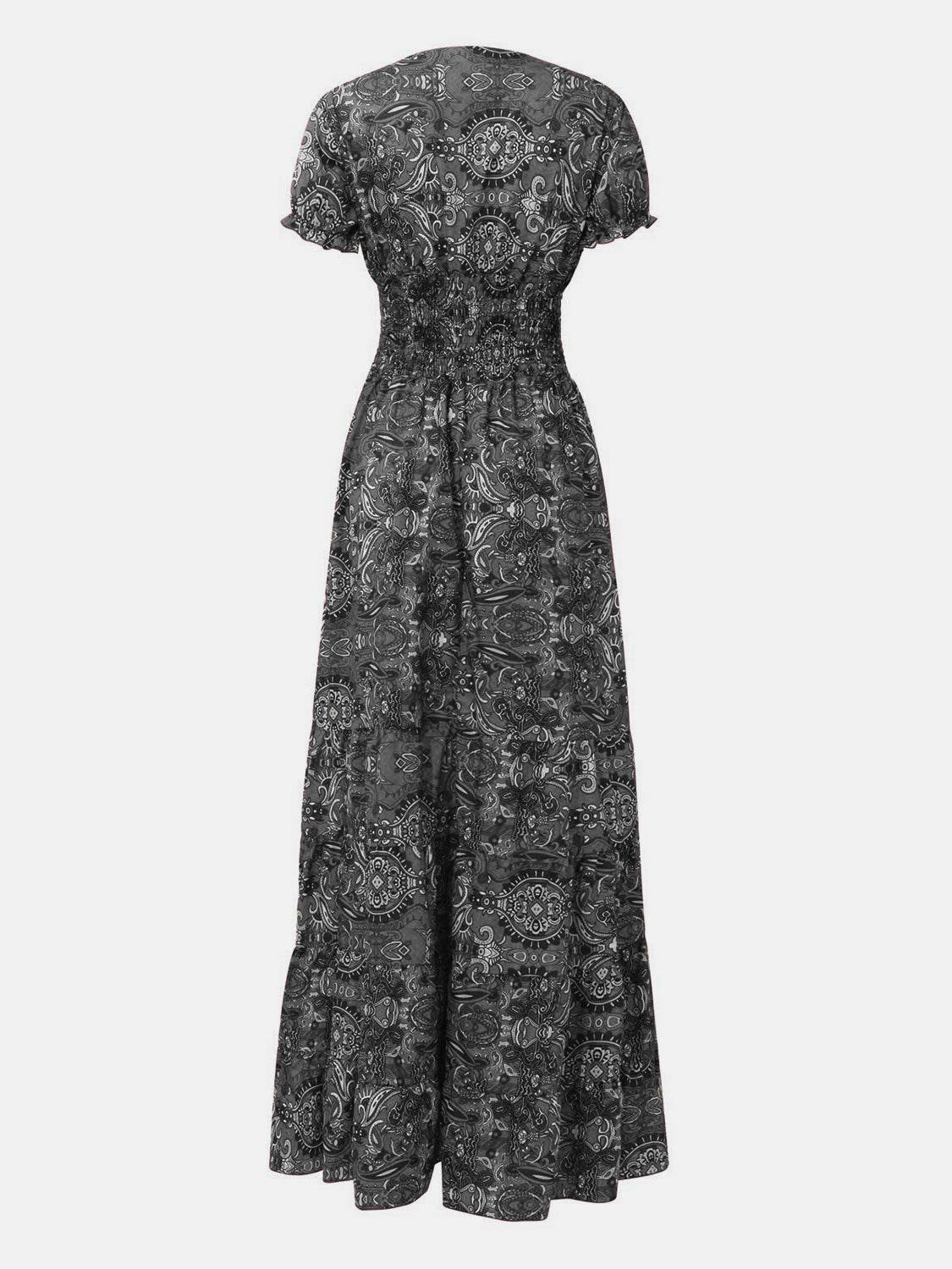 Full Size Smocked Printed V-Neck Short Sleeve Dress - UnLaced Boutique