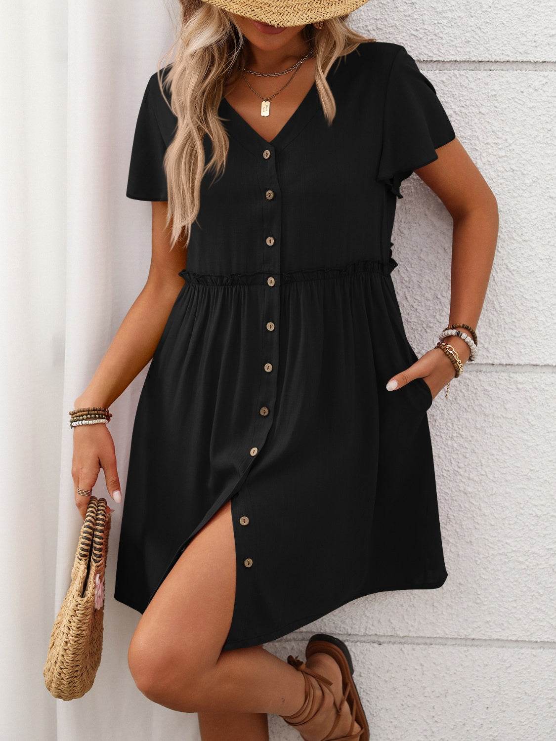 Button Front Flutter Sleeve Dress - UnLaced Boutique