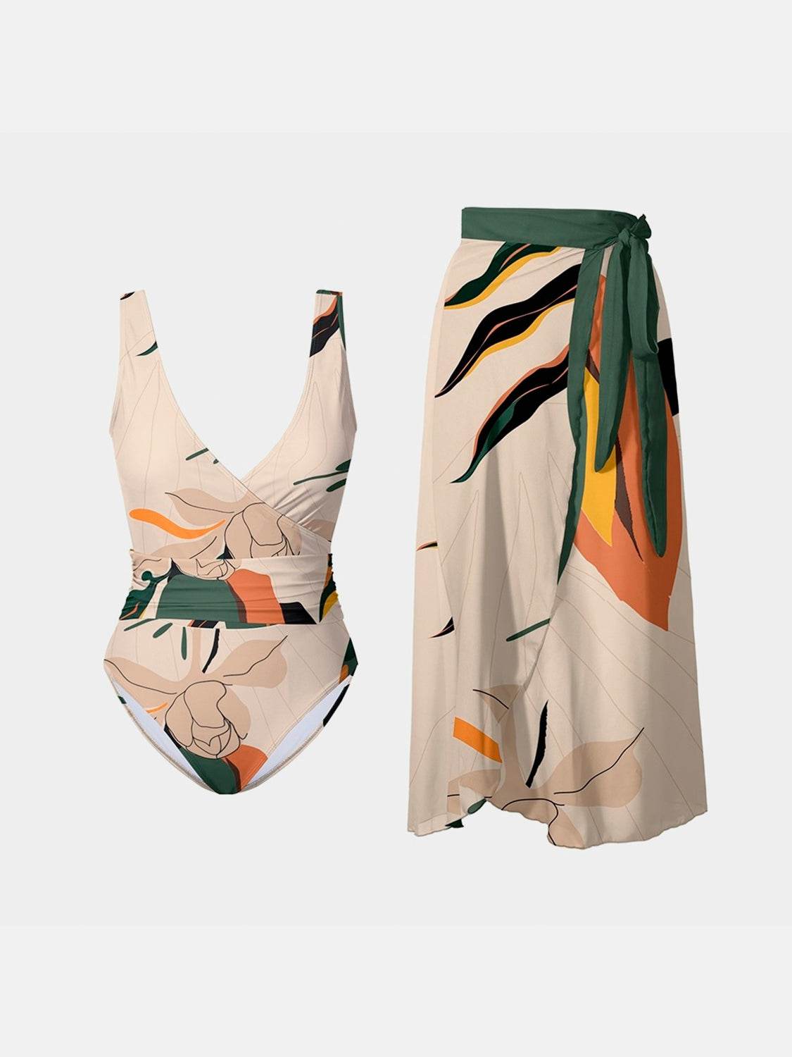 FAM-FAM Printed Surplice Wide Strap Swimwear and Skirt Swim Set - UnLaced Boutique