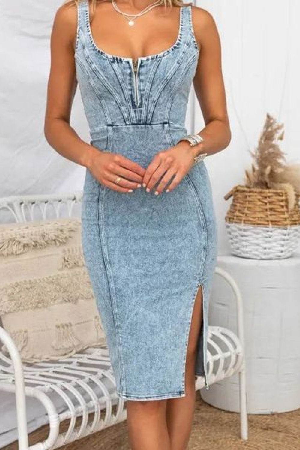 Side Slit Washed Scoop Neck Denim Dress - UnLaced Boutique
