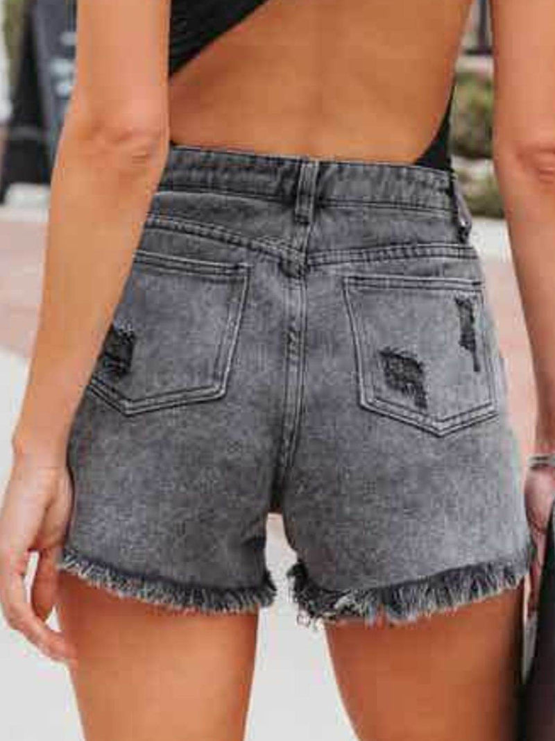 Distressed Fringe Denim Shorts with Pockets - UnLaced Boutique