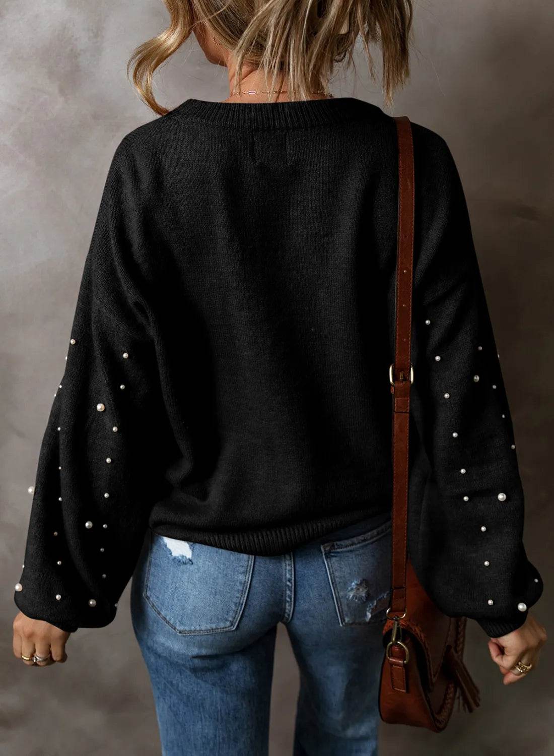 Pearl Detail Round Neck Long Sleeve Sweater - UnLaced Boutique