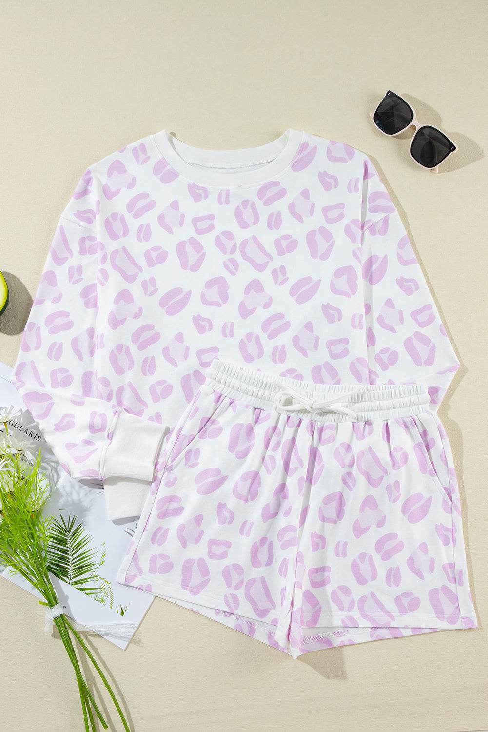 Leopard Long Sleeve Top and Drawstring Shorts Lounge Set - UnLaced Boutique