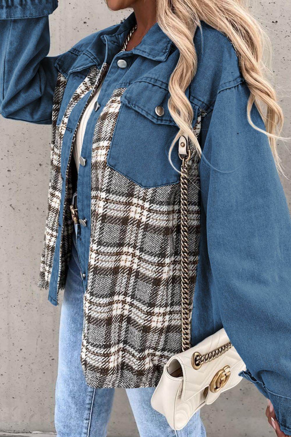 Plaid Pocketed Button Up Denim Jacket - UnLaced Boutique