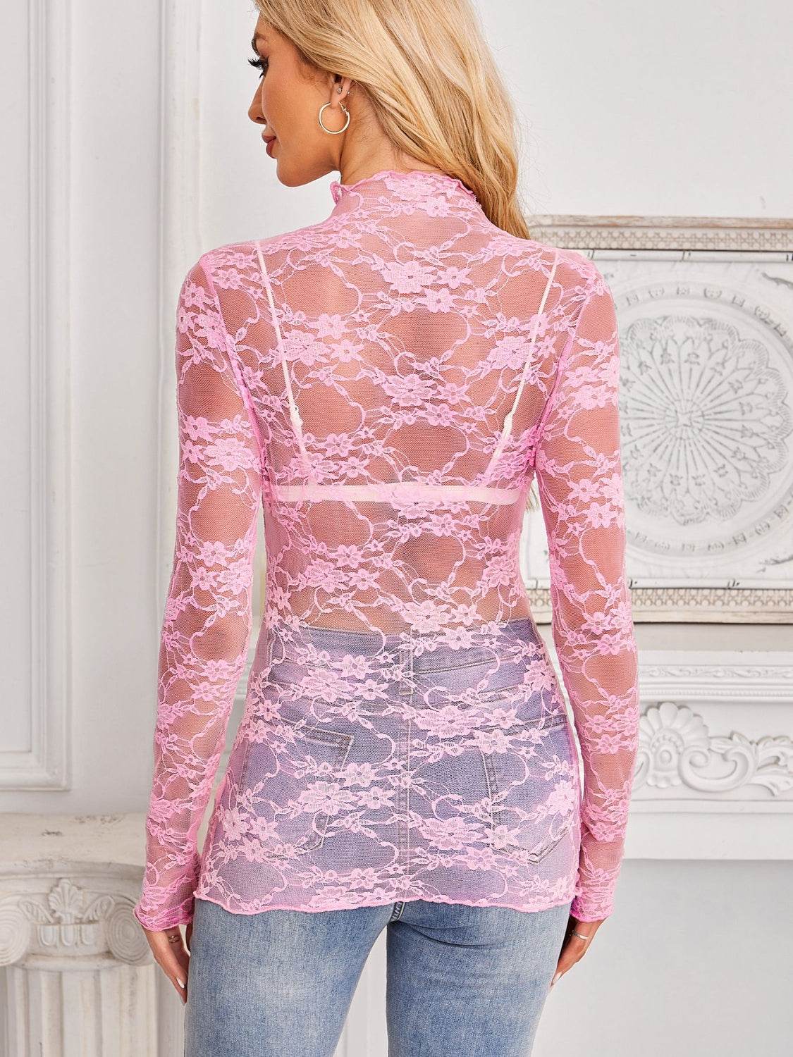 Mock Neck Long Sleeve Lace Sheer Top - UnLaced Boutique