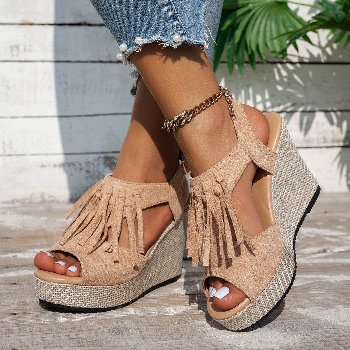 Fringe Peep Toe Wedge Sandals - UnLaced Boutique