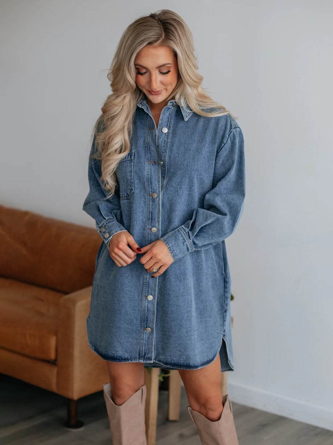 Button Up Collared Neck Long Sleeve Denim Dress - UnLaced Boutique