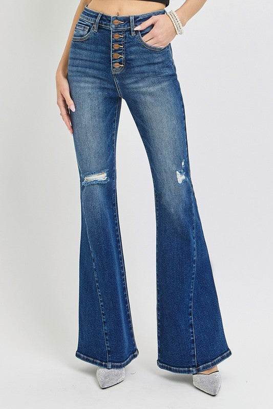 RISEN Distressed Button-Fly Flare Jeans - UnLaced Boutique