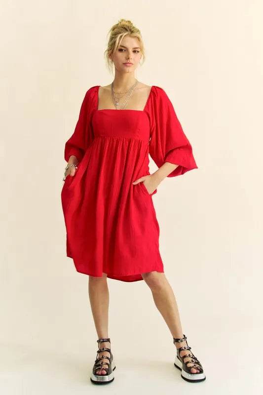 Davi & Dani Solid Textured Fabric Puff Sleeve Tie Back Dress - UnLaced Boutique
