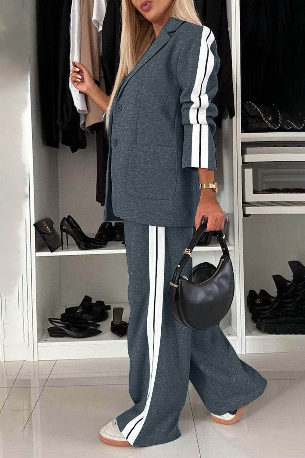 Full Size Contrast Lapel Collar Top and Pants Set - UnLaced Boutique