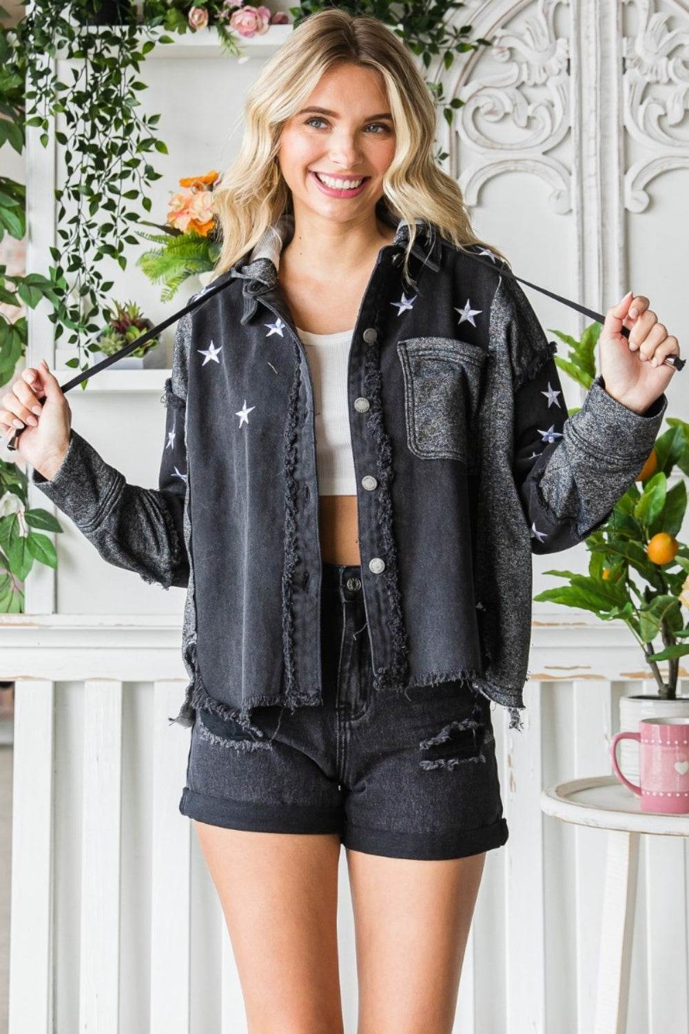 Veveret Star Embroidered Hooded Denim Jacket - UnLaced Boutique
