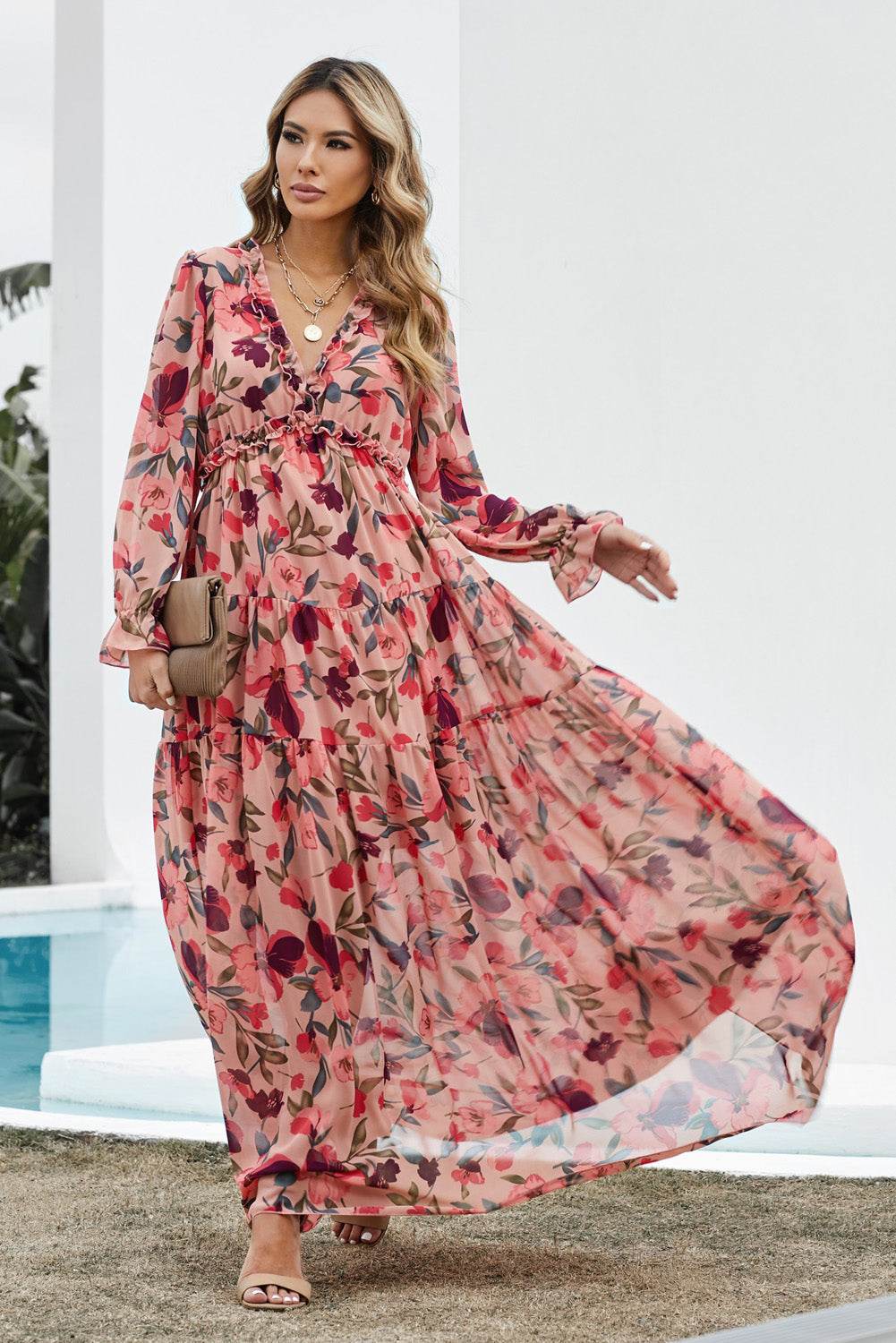 Floral Frill Trim Flounce Sleeve Plunge Maxi Dress - UnLaced Boutique