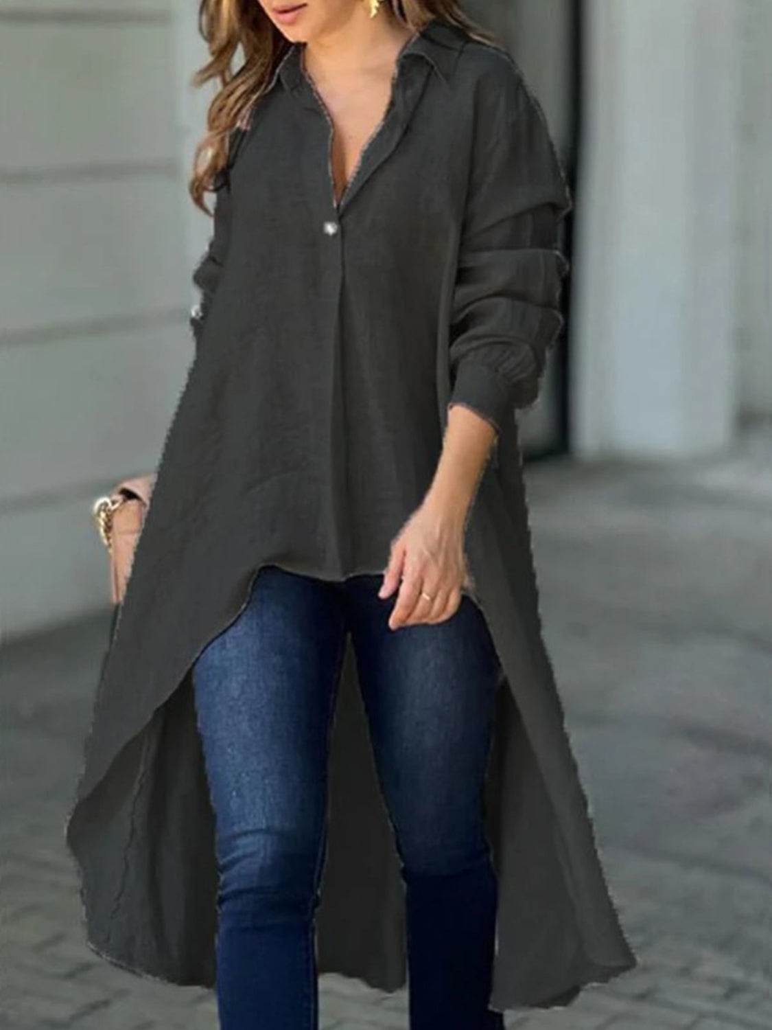 Full Size High-Low Collared Neck Long Sleeve Shirt - UnLaced Boutique