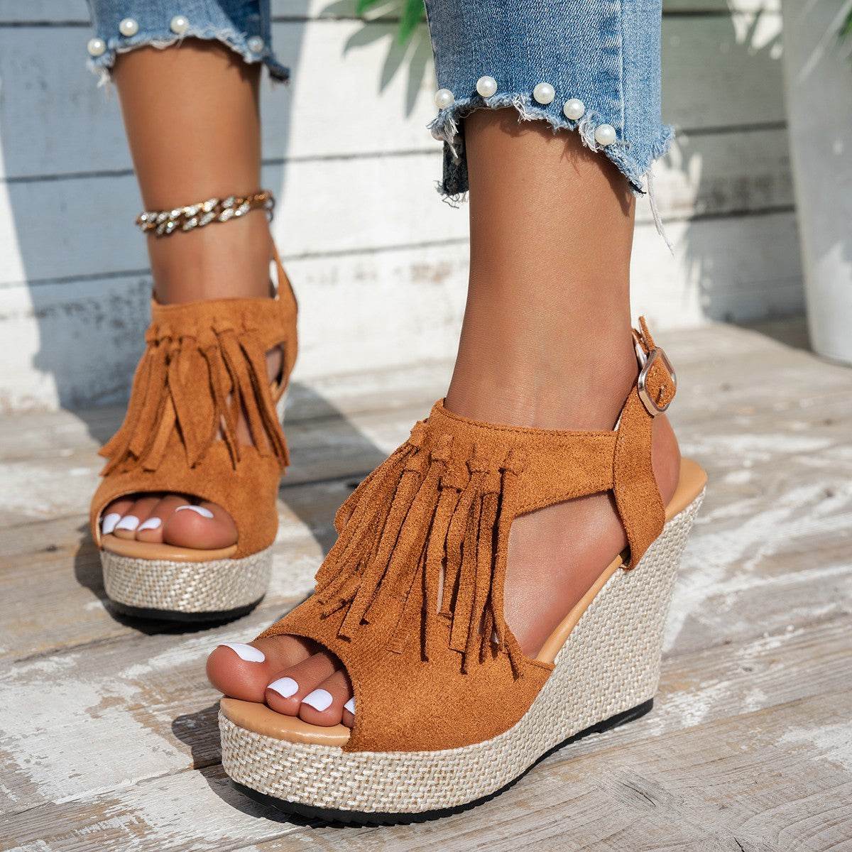 Fringe Peep Toe Wedge Sandals - UnLaced Boutique