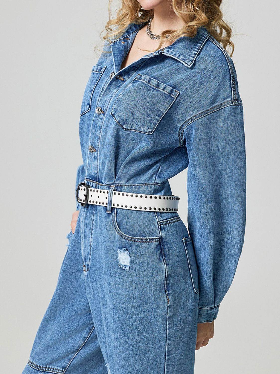 Distressed Button Down Drop Shoulder Denim Jumpsuit - UnLaced Boutique