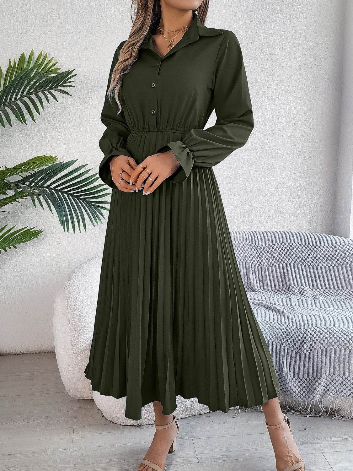 Pleated Half Button Long Sleeve Midi Dress - UnLaced Boutique
