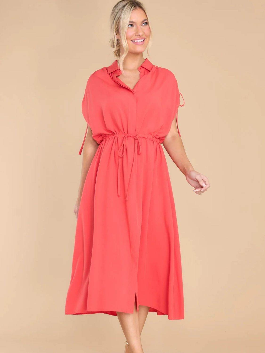 Drawstring Collared Neck Short Sleeve Midi Dress - UnLaced Boutique