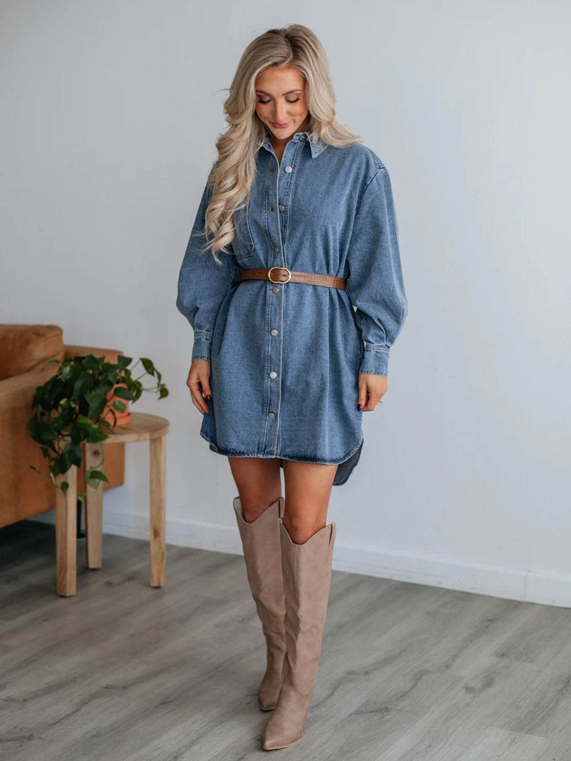 Button Up Collared Neck Long Sleeve Denim Dress - UnLaced Boutique