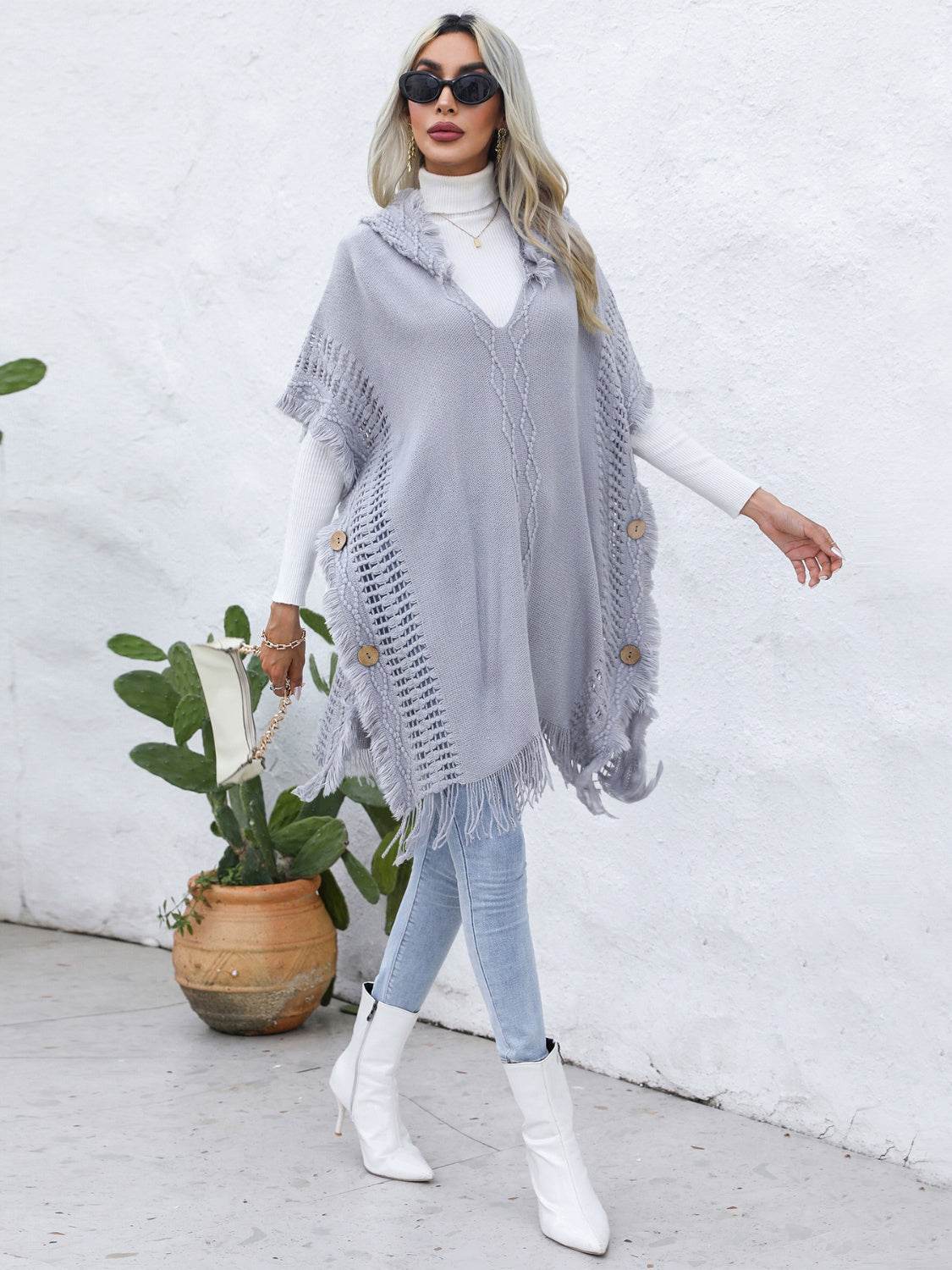 Fringe Trim Buttoned Hooded Poncho - UnLaced Boutique