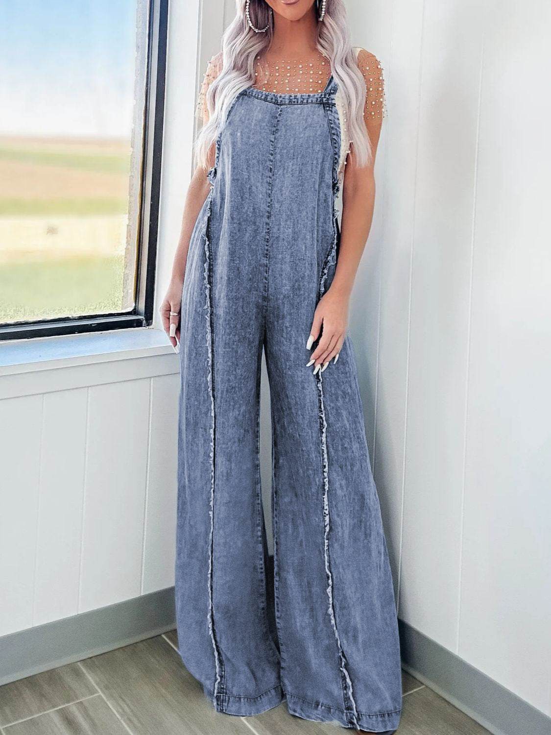Exposed Seam Washed Wide Leg Denim Overalls - UnLaced Boutique