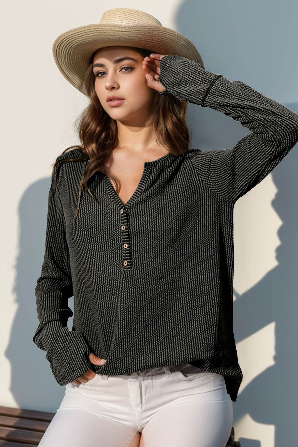 Double Take Full Size Notched Thumbhole Long Sleeve T-Shirt - UnLaced Boutique