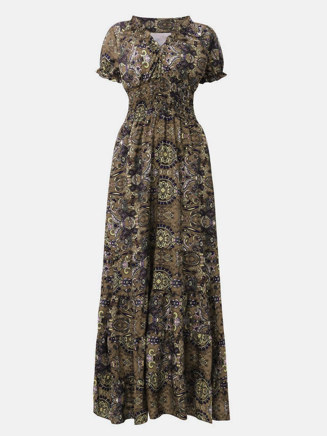 Full Size Smocked Printed V-Neck Short Sleeve Dress - UnLaced Boutique