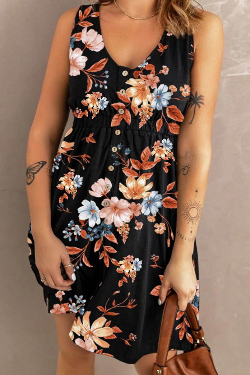 Double Take Printed Scoop Neck Sleeveless Buttoned Magic Dress with Pockets - UnLaced Boutique