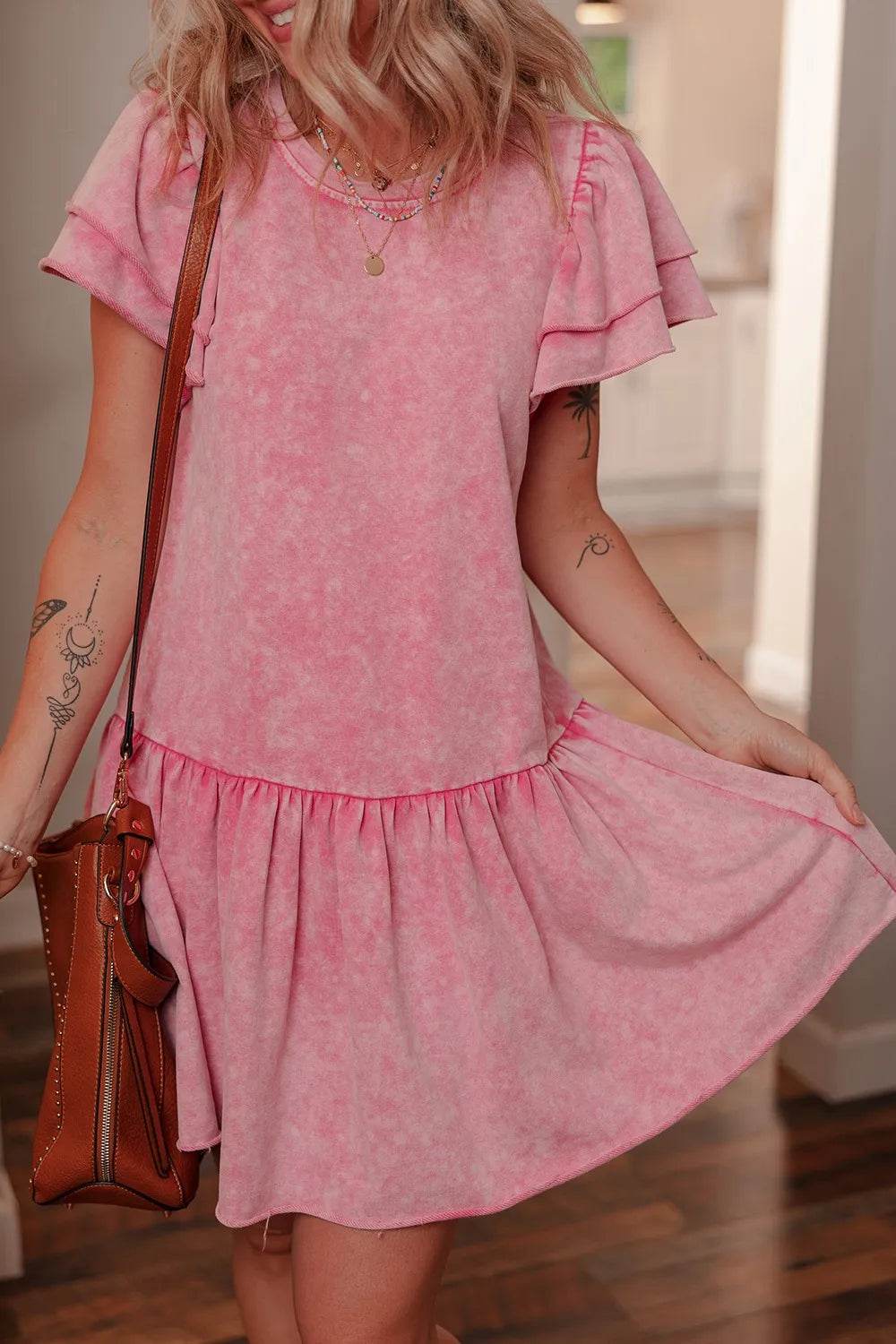 Mineral Wash Raw Edge Ruffle Mini Dress - UnLaced Boutique