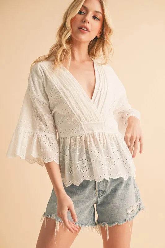 Aemi+Co Flounce Sleeve Eyelet Peplum Top - UnLaced Boutique