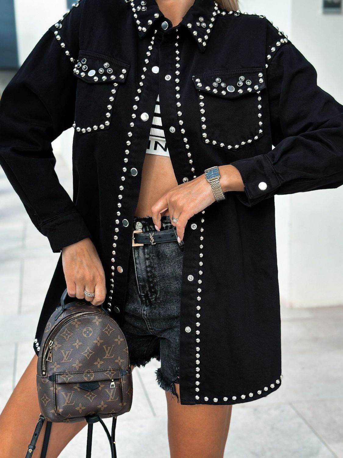 Studded Snap Down Long Sleeve Denim Shacket - UnLaced Boutique