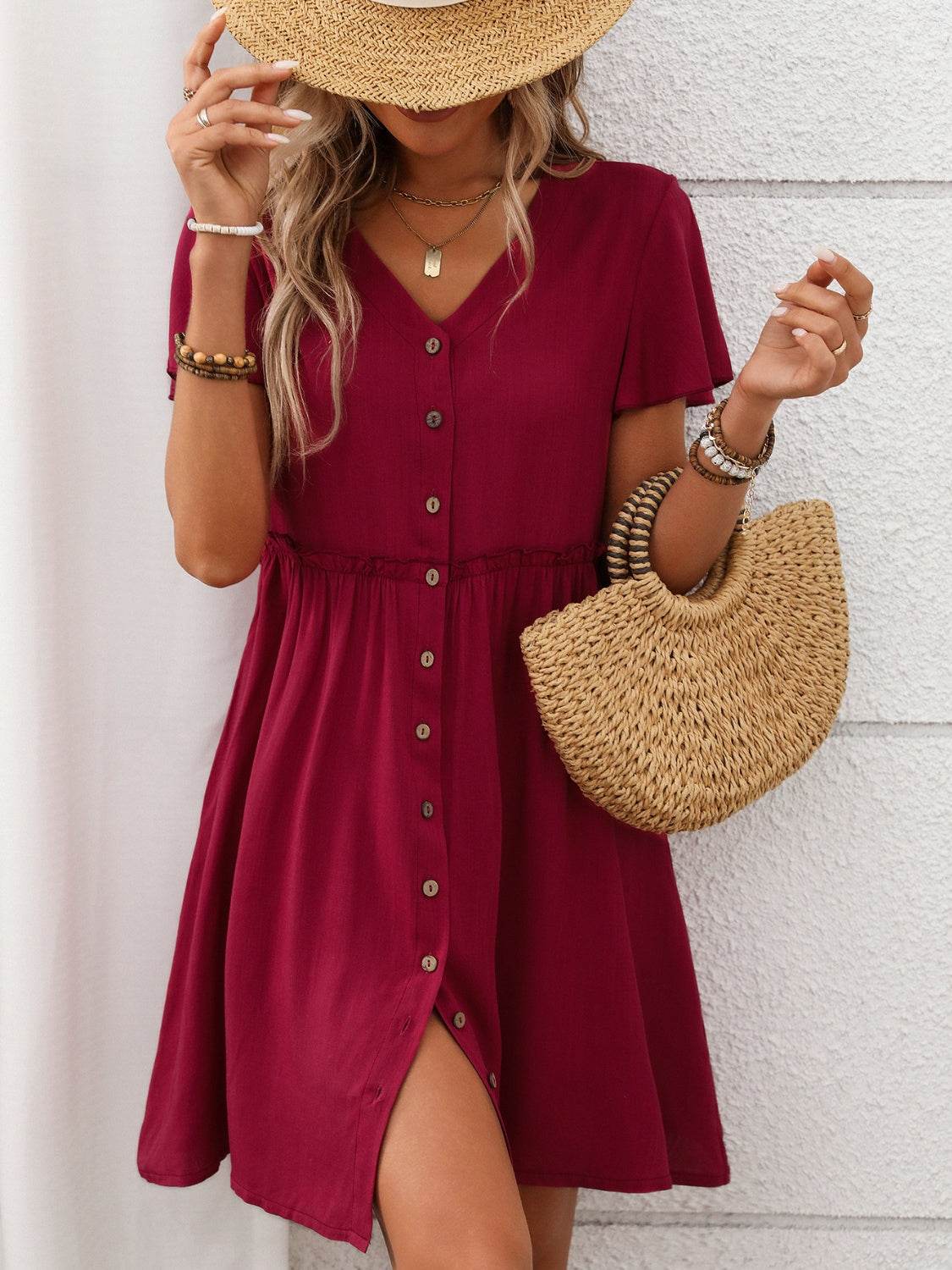 Button Front Flutter Sleeve Dress - UnLaced Boutique