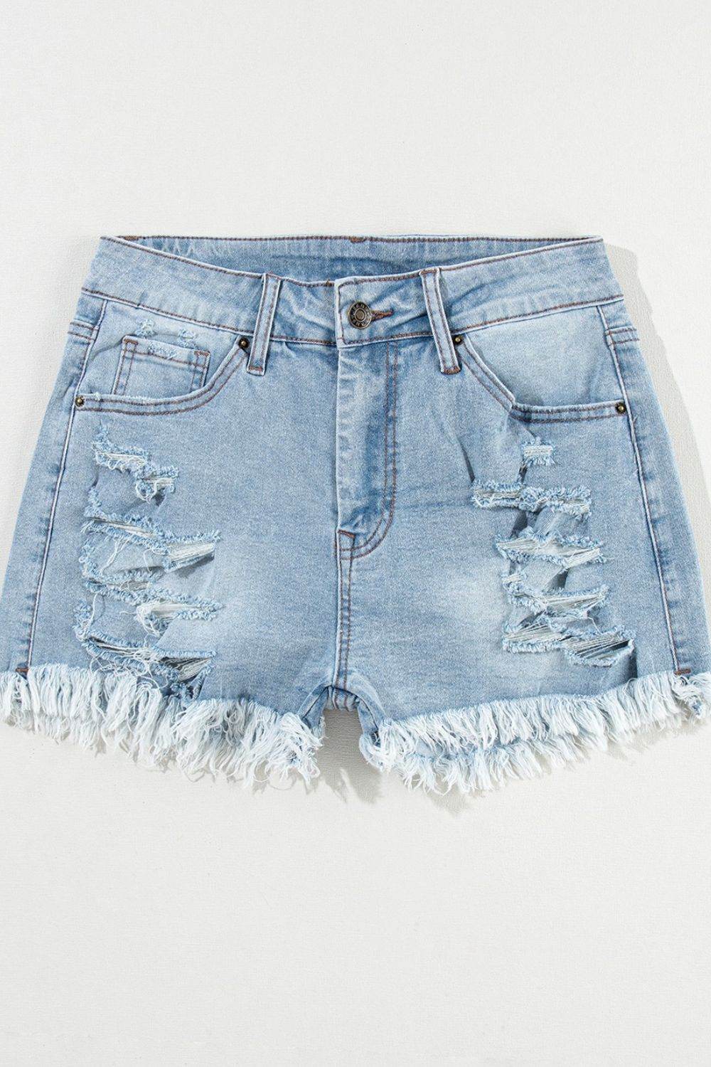 Distressed Raw Hem High Waist Denim Shorts - UnLaced Boutique
