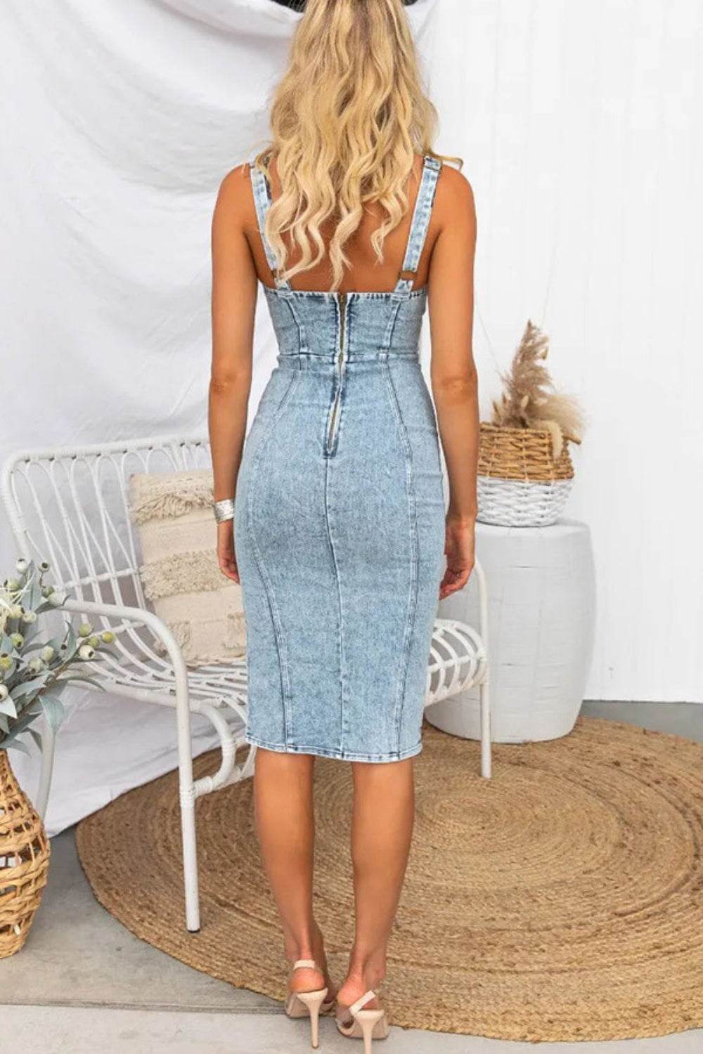 Side Slit Washed Scoop Neck Denim Dress - UnLaced Boutique