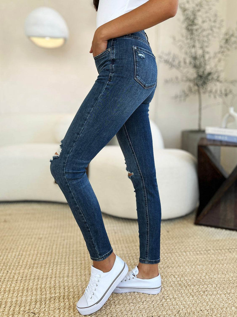 Judy Blue Full Size Mid Waist Distressed Slim Jeans - UnLaced Boutique